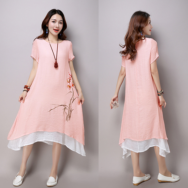 เดรสยาวแฟชั่นวินเทจ ผ้าทอพิมพ์ลายชายพริ้วสวย (11814M)