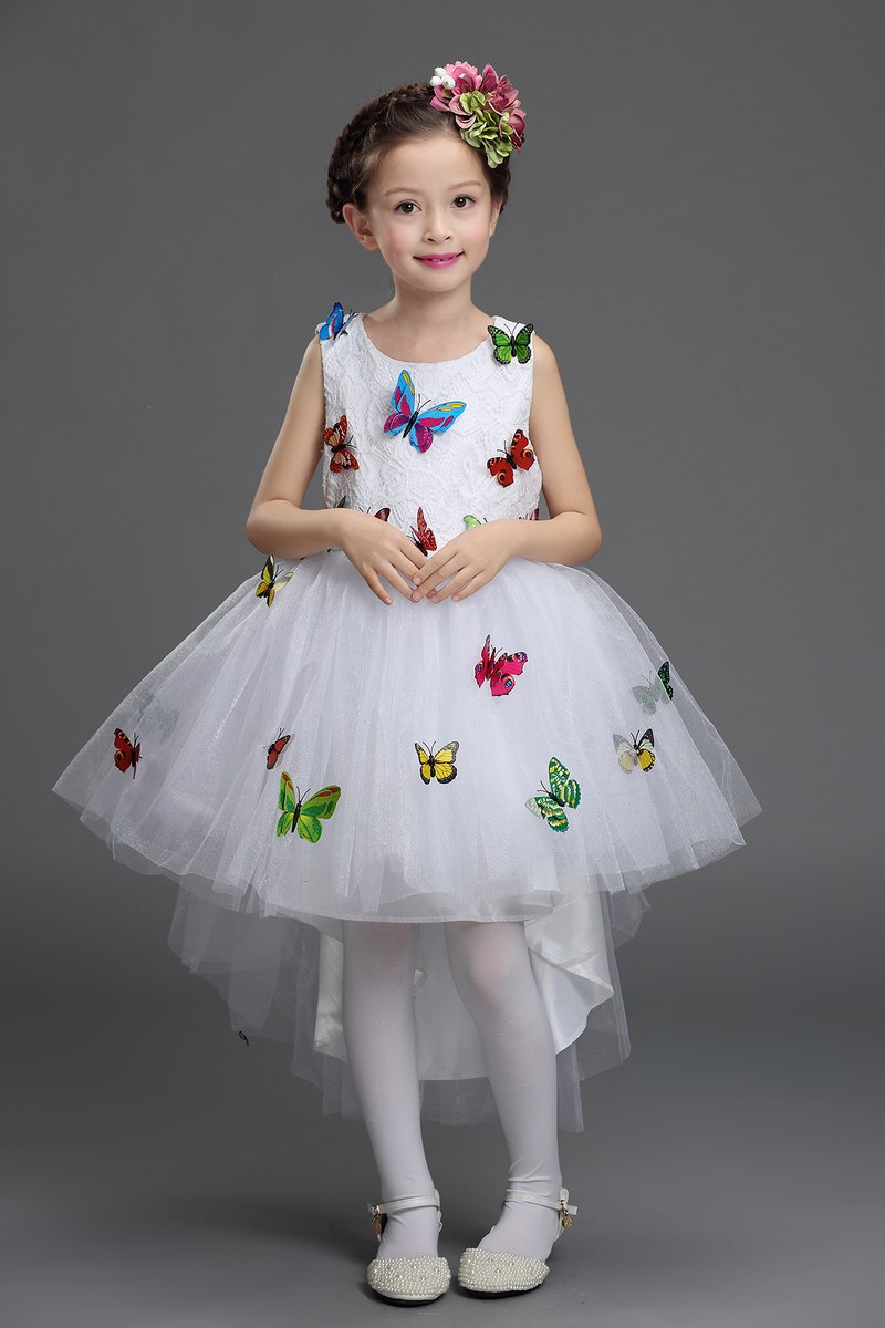 Pre-order ชุดราตรีเด็ก หน้าสั้นหลังยาว แขนกุด ผ้าลูกไม้ กระโปรงตาข่าย แต่งผีเสื้อสามมิติ สวยหวานน่ารักมาๆ