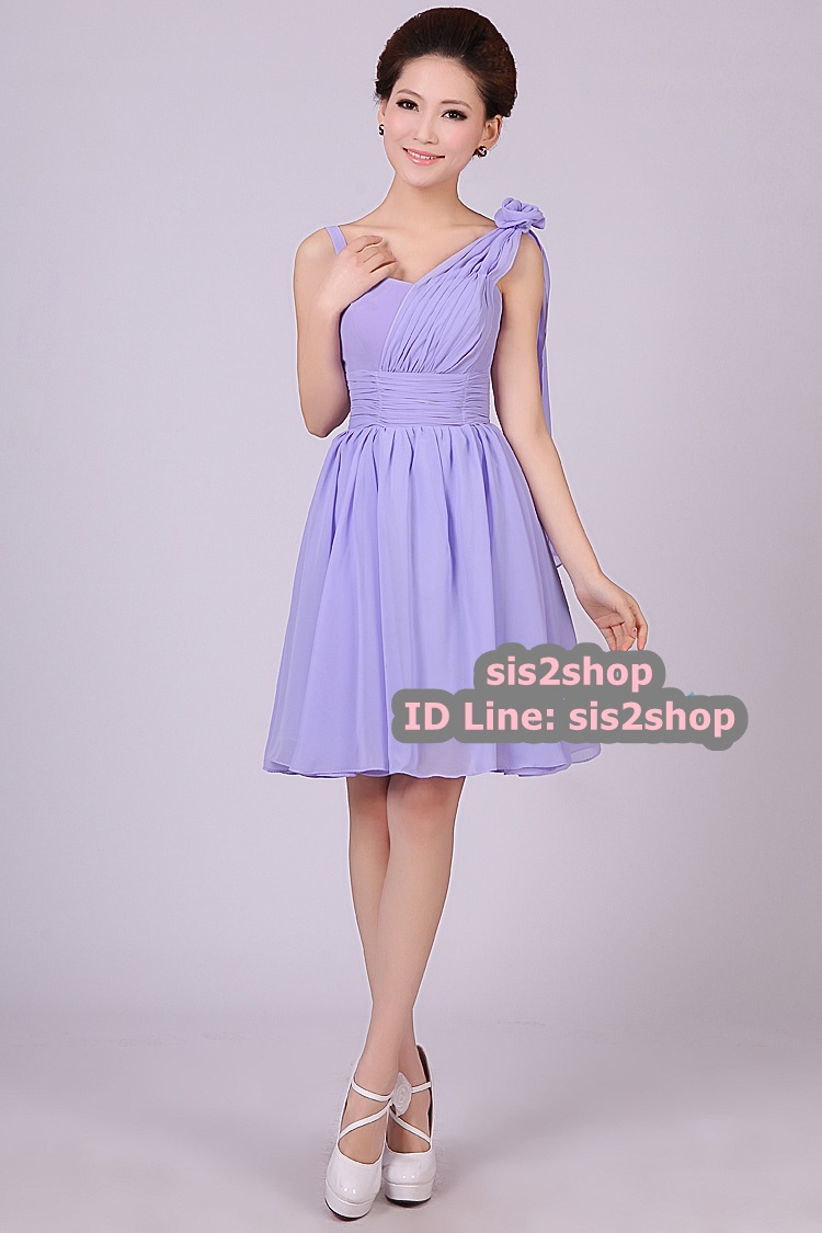 พร้อมส่ง ชุดราตรีสั้น เกาะอก ไหล่เดียว สีม่วง Lavender คาดผ้าจับเดรป ทิ้งชายด้านหลัง