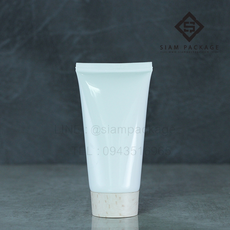 หลอดโฟมสีขาว 50g. ฝาเกลียวลายไม้อ่อน