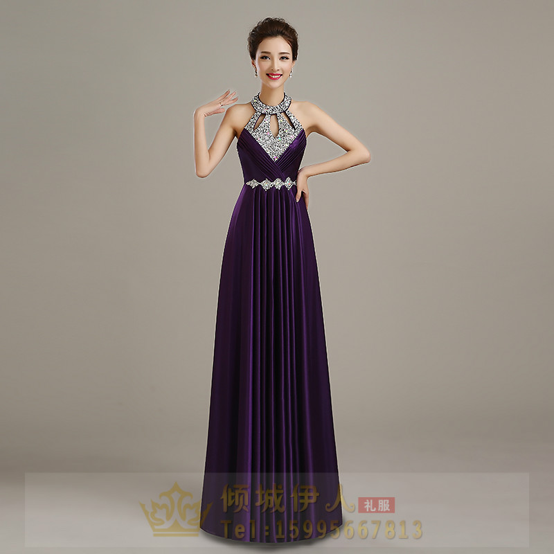 Pre-order ชุดราตรียาว คล้องคอ ผ้าซาติน ตีเกล็ดช่วงอก กระโปรงจับจีบ ปักเลื่อม แต่งเพชร เรียบหรู เซ็กซี่ เชือกผูกหลัง