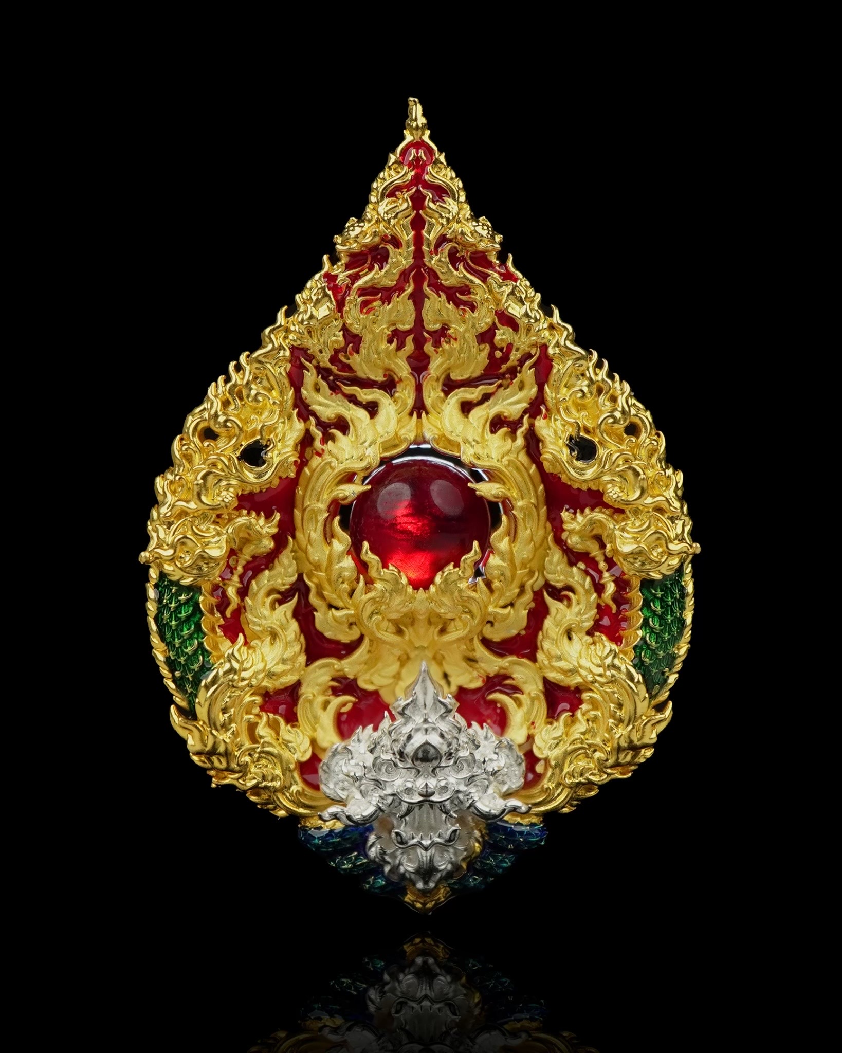 เหรียญมณีนาคราชแก้วบุญฤทธิ์ รหัส3 เนื้อบรอนซ์ชุบ2K ลงยาแดงเขียว