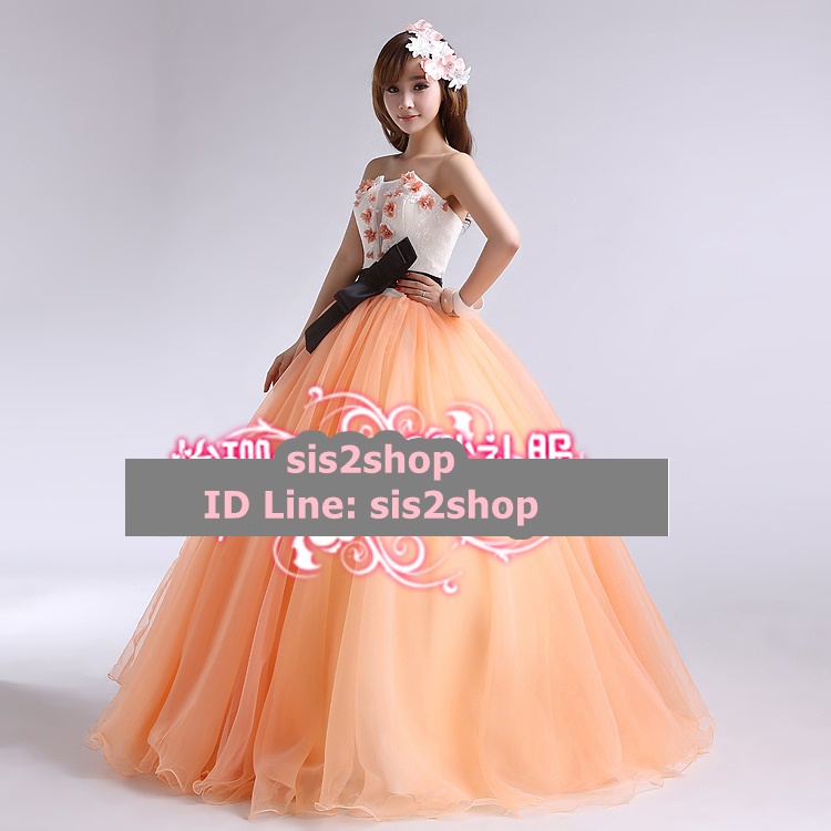 พร้อมเช่า ชุดแฟนซี ชุดราตรี สีส้ม ขาว แต่งดอกไม้ ผ่า V โปร่งกลางอก