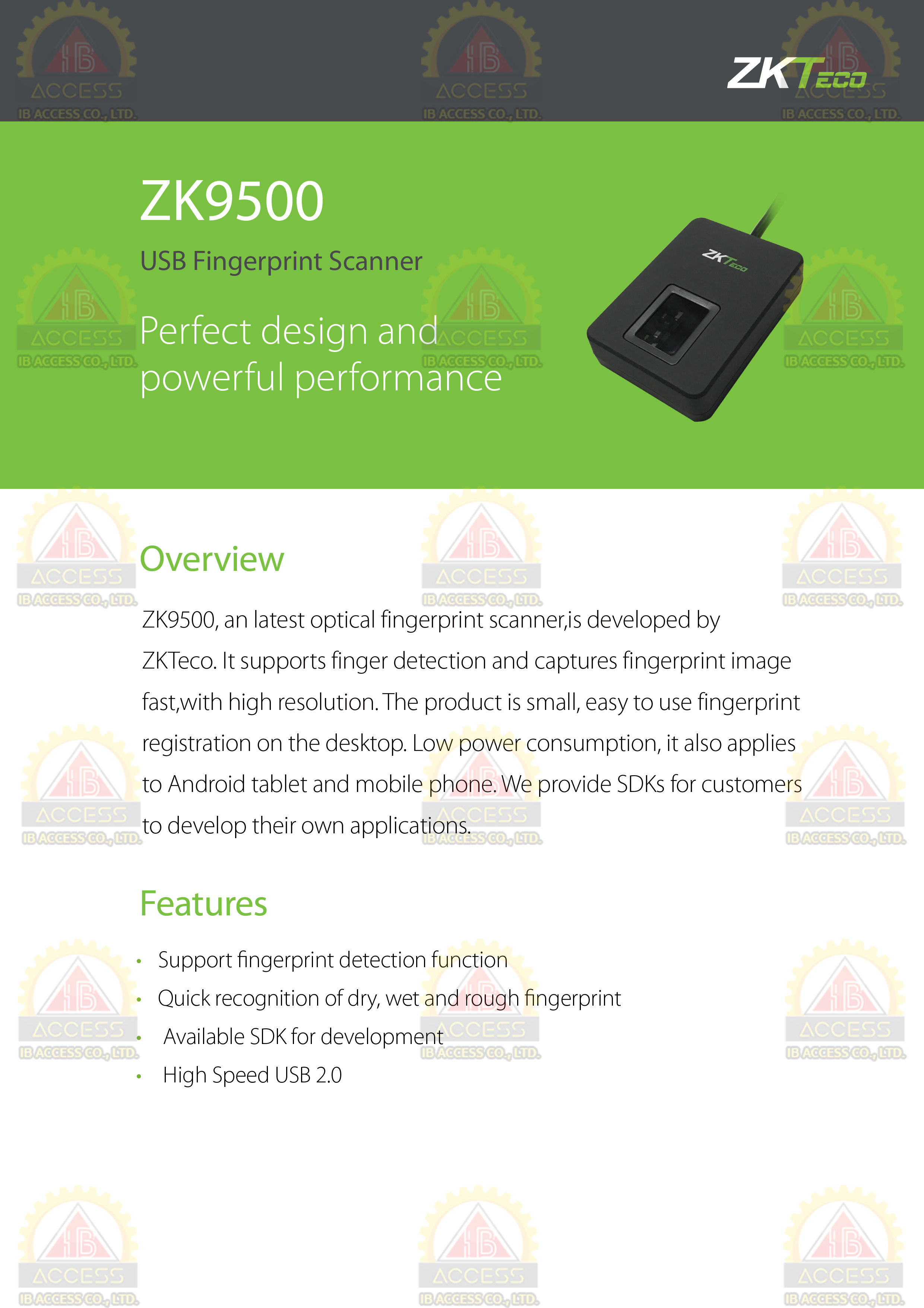 หัวอ่านลายนิ้วมือ ยี่ห้อ ZK Teco รุ่น ZK9500 สำหรับบันทึกลายนิ้วมือที่คอมพิวเตอร์