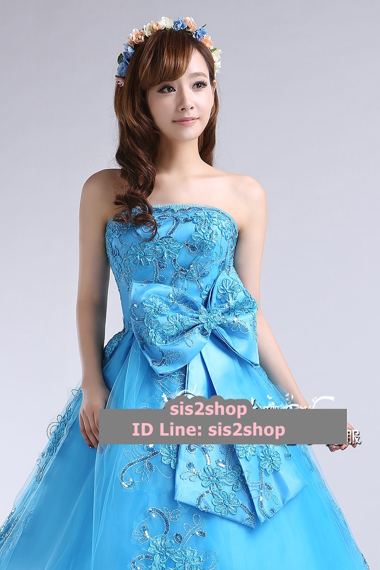 พร้อมเช่า ชุดแฟนซี ชุดราตรี สีฟ้า เกาะอก ลูกไม้ปัก แต่งโบว์ที่เอว ซิปหลัง