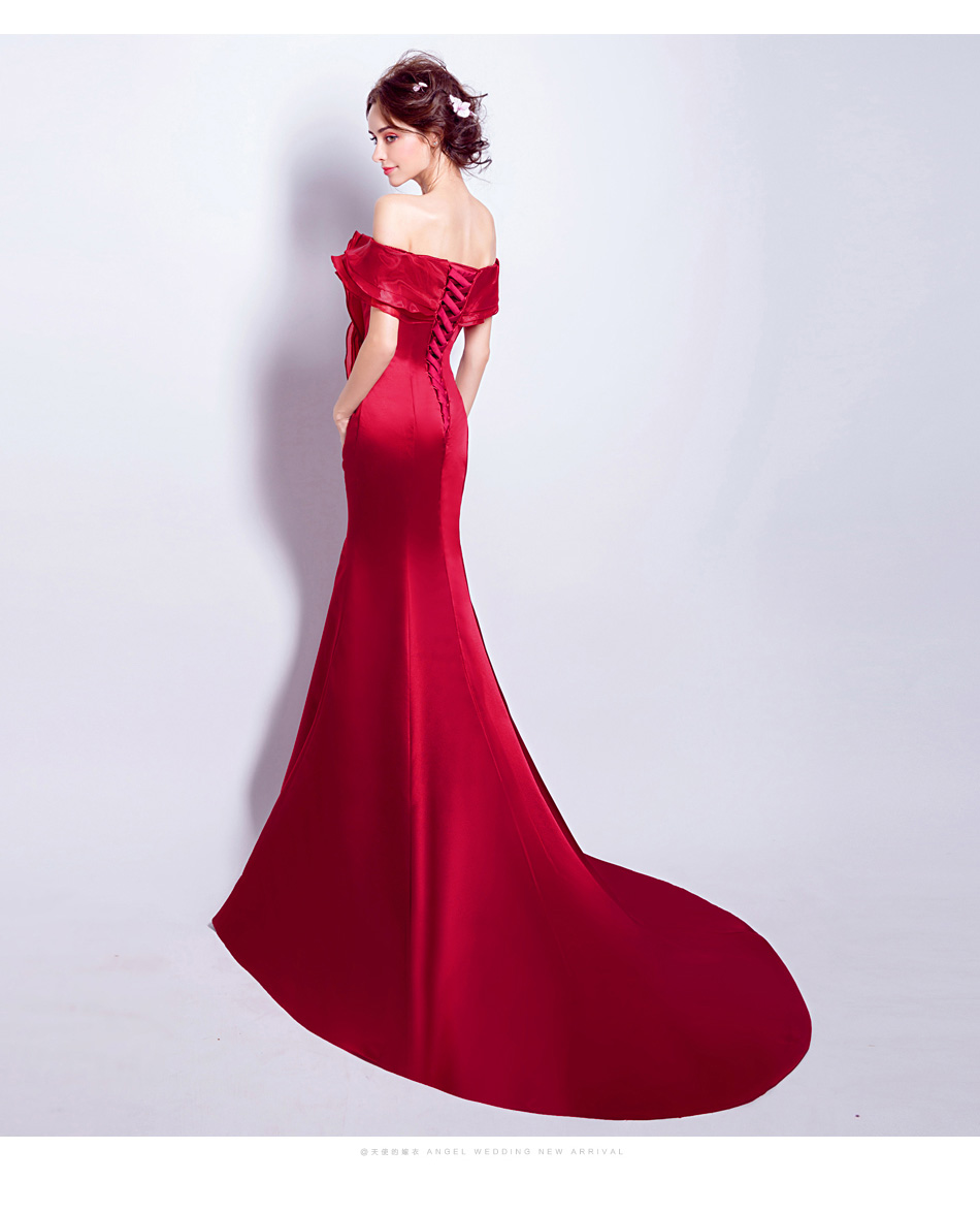 Pre-order ชุดแฟนซี ชุดเจ้าสาว ชุดราตรียาว สีไวน์แดง ไหล่ปาด จับเดรปช่วงอก กระโปรงทรงหางปลา เชือกผูกหลัง