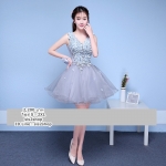 Pre-orderชุดแฟนซีชุดราตรีสั้นแขนกุดแต่งดอกไม้ช่วงอกกระโปรงผ้าแก้วสไตล์เจ้าหญิง