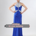 พร้อมส่ง ชุดราตรียาว คล้องคอ สีน้ำเงิน ปักเลื่อมเน้นช่วงเอว และปกคอจีน