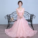 Pre-order ชุดราตรียาว สีชมพู แขนกุด คอวีลึก ผ้าลูกไม้ คาดผ้าที่เอว เชือกผูกหลัง