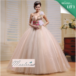 พร้อมเช่า ชุดแฟนซี ชุดราตรียาว สีครีม Champagne เกาะอก ไหล่เดี่ยว แต่งดอกช่วงบน กระโปรงพองสวย เชือกผูกหลัง สไตล์เจ้าหญิง