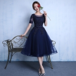 Pre-order ชุดราตรียาว แขนสั้น คอกลม สีกรมท่า ผ้าตาข่าย แต่งด้วยลูกไม้ สวยหรู ซิปหลัง