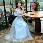 Pre-order ชุดราตรียาว สีฟ้า คอวี แขนระบาย แต่งดอกไม้สามมิติทั้งชุด เชือกผูกหลัง