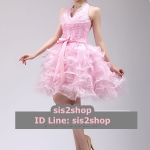 พร้อมเช่า ชุดแฟนซี ชุดราตรีสั้น สีชมพูอ่อน คล้องคอ กระโปรงระบาย ทรงฟูสวย