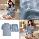 🚩พร้อมส่ง🚩ชุดนอน Silk Satin แขนสั้นขาสั้น ชุดนอนซาตินเกรดพรีเมี่ยม ผ้านุ่มลื่นละมุนผิว แต่งปักลูกไม้ (CT116-3)