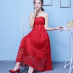 Pre-order ชุดราตรียาว (แบบเกาะอก /แขนยาว ) สีแดง แต่งลูกไม้ทั้งชุด คาดเอวด้วยโบว์ เชือกผูกหลัง