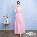 Pre-order ชุดเพื่อนเจ้าสาว สีชมพู แต่งดอกไม้ช่วงบน คาดโบว์ที่เอว ผ้าชีฟอง จับสม๊อกหลัง