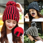 หมวกไหมพรมกันหนาวซับผ้าสำลีหนานุ่ม แต่งปอมใหญ่ (11433L)