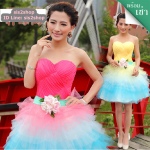 พร้อมเช่า ชุดแฟนซี ชุดราตรีสั้น สีชมพู เกาะอก จับจีบ กระโปรงเป็นชั้น พองสวย สำเนา