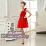 พร้อมส่ง ชุดเดรสสั้น เกาะอก ไหล่เดียว จับสม๊อกด้านหลัง ผ้าตาข่ายแต่งดอกไม้ปักมุก สีแดง