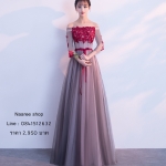 ชุดแฟนซีชุดราตรียาวแบบไหล่ปาดแขนยาวผ้าตาข่ายเชือกผูกหลัง