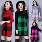 เดรสไหมพรมคอเต่า แขนยาว ถักลายตาราง (12219B)