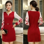 เดรสออกงานแฟชั่นเกาหลี คอวีแต่งเพชร แขนซีทรูลายดอก (11411X)