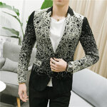 เช่า เสื้อสูทชาย สีขาวดำ ปักลายกราฟฟิก กางเกงสแลคดำ