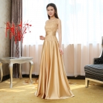 พร้อมส่ง ชุดราตรียาว แขนกุด แต่งลูกไม้ฉลุ ผาคาดเอวซาติน สีทอง สวยเรียบหรู