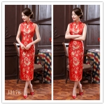 กี่เพ้า แขนกุด สีแดง ลายหงส์ ผ้าไหมจีน กุ๊นขอบ ตัดเย็บอย่างดี