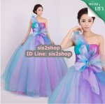 พร้อมเช่า ชุดแฟนซี ชุดราตรียาว ไหล่เดียว สีเรนโบว์ แต่งดอกเก๋มาก เชือกผูกหลัง