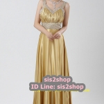 พร้อมส่ง ชุดราตรียาว สายเดี่ยว ผ้าซาติน สีทอง อกจับจีบตีเกล็ด ปักเลื่อมหรู