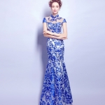 Pre-order ชุดแฟนซี ชุดราตรียาว คอจีน สีน้ำเงิน ทรงหางปลา สวยหรู