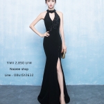 Pre-order ชุดราตรียาวคล้องคอทรงหางปลาสีดำ คอเว้าลึก แต่งลูกปัดเรียบหรู ซิปหลัง