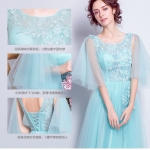 Pre-order ชุดแฟนซี ชุดเจ้าสาว ชุดราตรียาว สีฟ้าทะเล แขนแต่งระบาย แต่งดอกไม้ ปักเลื่อมช่วงอก กระโปรงตาข่าย เชือกผูกหลัง