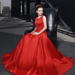 Pre-order ชุดราตรียาว แขนกุด คอวี คาดเอวด้วยโบว์ กระโปรงจับจีบ เชือกผูกหลัง