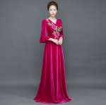 Pro-order ชุดราตรียาว แขนยาว คอวี ผ้ากำมะหยี่ ปักดอกไม้ช่วงบน ซิปหลัง มีไซส์ใหญ่ XS-4XL