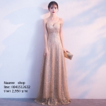 ชุดราตรียาวสายเดี่ยวสีทองแต่งกากเพชรสวยหรู (ซิปหลัง)