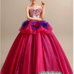 พร้อมเช่า ชุดแฟนซี ชุดราตรียาว แบบเกาะอก กระโปรงพองสวยสีม่วง แต่งดอก (เชือกผูกหลัง)