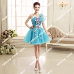 Pro-order ชุดราตรี ชุดแฟนซีสั้น แบบเกาะอก ไหล่เดียว แต่งดอกไม้แฮนด์เมด กระโปรงพองสวย เชือกผูกหลัง