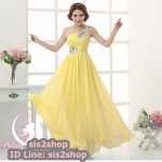 พร้อมส่ง ชุดราตรียาว ไหล่เดียว สีเหลืองอ่อน ผ้าชีฟอง แต่งเลื่อม+มุก ช่วงเนินอกและเอว