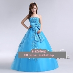 พร้อมเช่า ชุดแฟนซี ชุดราตรี สีฟ้า เกาะอก ลูกไม้ปัก แต่งโบว์ที่เอว ซิปหลัง