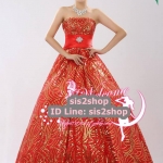 พร้อมเช่า ชุดราตรียาว สีแดง เนื้อผ้าปักเลื่อมสวย แต่งคริสตัลและโบว์ที่เอว