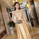 Pre-order ชุดราตรียาว แขนกุด คอกลม ปักดิ้นช่วงอก แต่งผ้าคาดเอว กระโปรงซาติน พริ้วสวย มีซิป