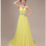 Pre-order ชุดราตรียาว สีเหลือง แบบคล้องคอ แต่งเพรชช่วงอก จับจีบ กระโปรงชีฟอง ซิปหลัง