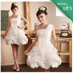 พร้อมเช่า ชุดแฟนซี ชุดราตรีสั้น ผ้าแก้วจับจีบย่น แต่งดอกไม้สวยหวาน สีครีม