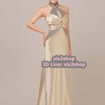 พร้อมส่ง ชุดราตรียาว คล้องคอ สีครีม Champagne ปักเลื่อมเน้นช่วงเอว และปกคอจีน