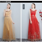 Pre-order ชุดราตรียาว แขนกุด สีทอง สีแดง กระโปรงผ้าซาติน ตกแต่งด้วยกากเพชร ซิปหลัง