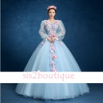 Pro-order ชุดราตรี ชุดแฟนซียาว แขนยาว คอวี ผ้าแก้ว แต่งดอกไม้แฮนด์เมด สไตล์เจ้าหญิง กระโปรงพองสวย เชือกผูกหลัง สวยหรู