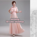 พร้อมส่ง ชุดราตรียาว แบบปิดไหล่ ผ้าชีฟอง แต่งดอกและลูกปัดสวย สีชมพู