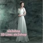 พร้อมส่ง ชุดราตรียาว แบบปิดไหล่ ผ้าชีฟอง แต่งดอกและลูกปัดสวย สีขาว